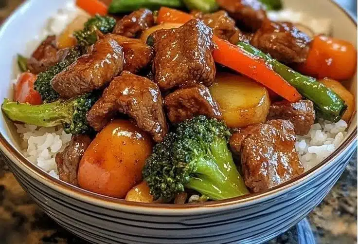 Colorful beef and veggie stir fry served in a bowl with chopsticks
