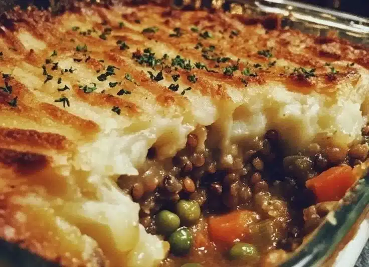 Festive Vegan Lentil Shepherd’s Pie topped with fluffy mashed potatoes