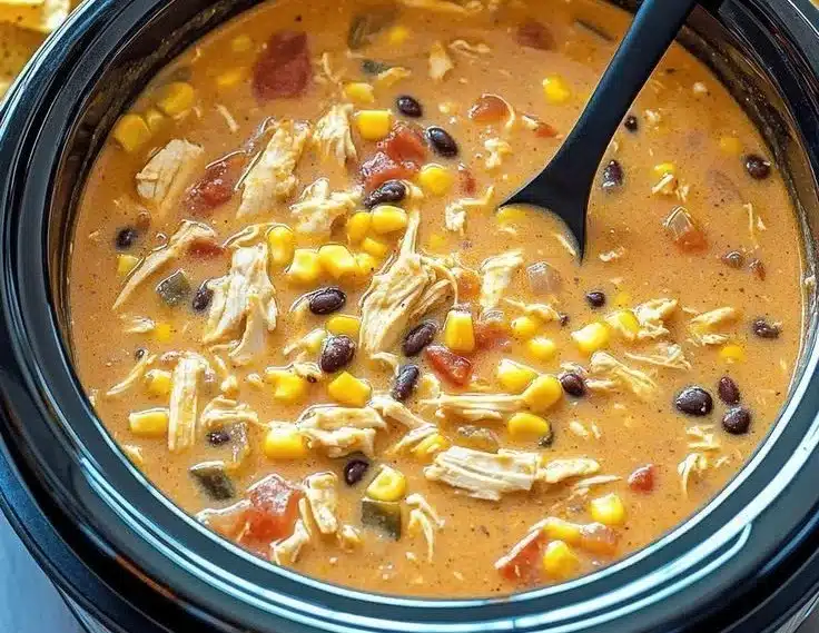 Bowl of hearty Crockpot chicken tortilla soup with toppings.