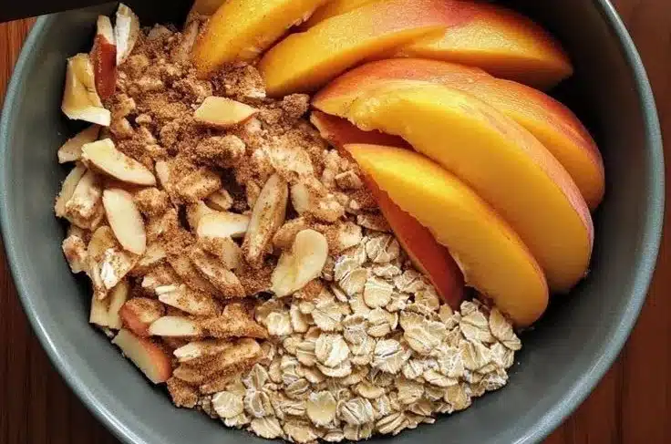 Easy Cinnamon Peach Oatmeal Mix 3 Bowl of easy cinnamon peach oatmeal mix with fresh peaches and spices