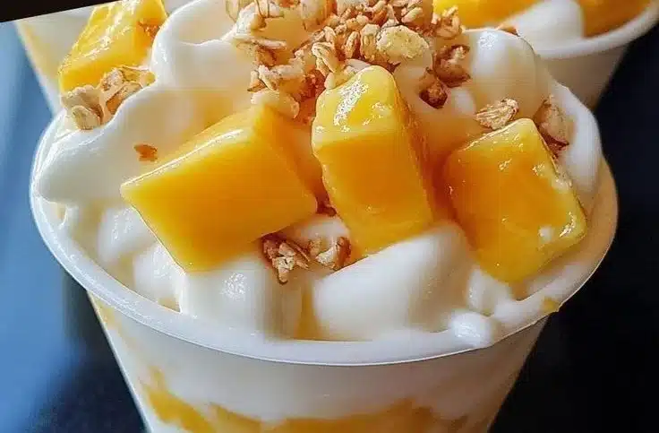 Easy creamy mango yogurt cups dessert in clear glass jars