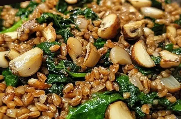 Delicious garlic spinach farro skillet dish served in a pan