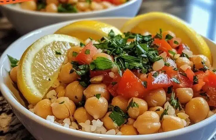 Easy Herb Lemon Chickpea Bowl with fresh herbs and lemon zest garnishing
