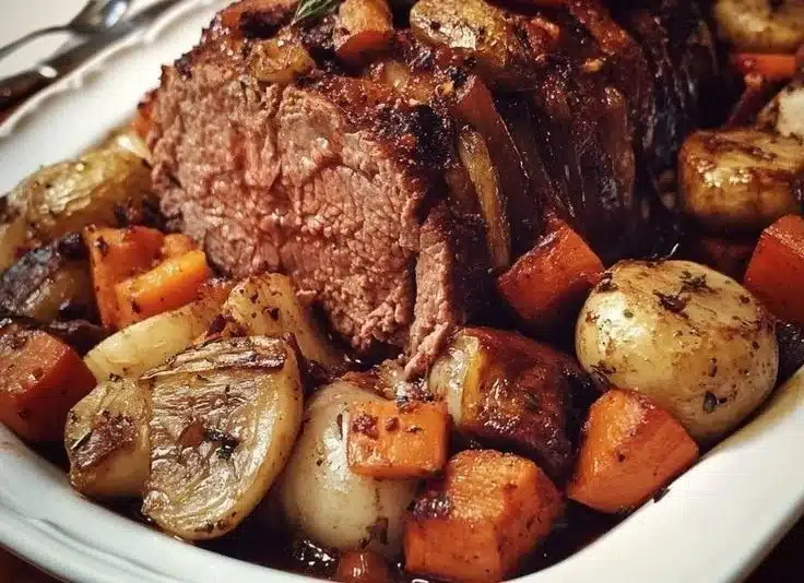 Easy Juicy Beef and Veggie Holiday Roast 3 Easy juicy beef and veggie holiday roast with colorful vegetables on a festive platter.