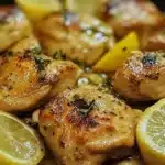 Delicious easy one pan lemon chicken with fresh herbs and vibrant lemon slices