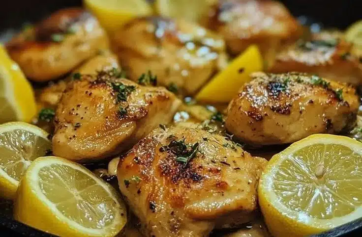 Delicious easy one pan lemon chicken with fresh herbs and vibrant lemon slices