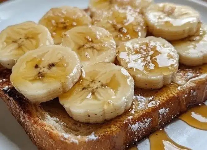 Easy Protein Maple Banana Toast topped with banana slices and maple syrup