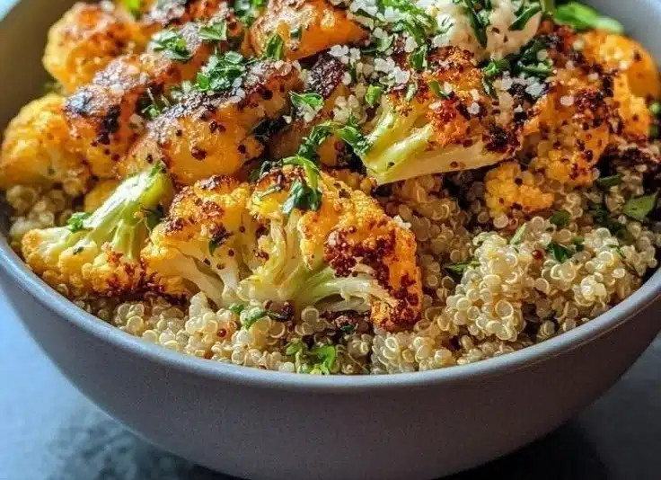 Easy roasted cauliflower quinoa bowl topped with fresh herbs and lemon