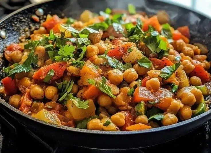 Easy spicy chickpea veggie skillet with vibrant vegetables