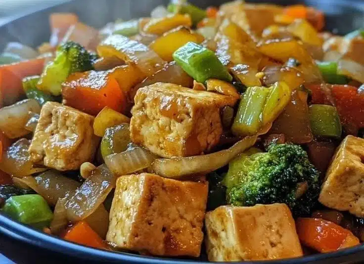 Easy tofu veggie ginger stir-fry with colorful vegetables in a pan