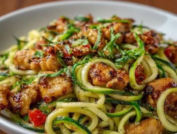 Garlic Chicken Zucchini Noodles Stir Fry 3 Garlic Chicken Zucchini Noodles Stir Fry served in a colorful bowl