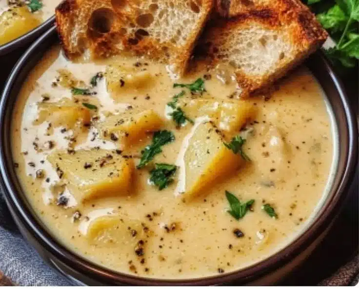 Hearty Cheddar Garlic Herb Potato Soup 3 Bowl of hearty cheddar garlic herb potato soup with fresh herbs and garlic
