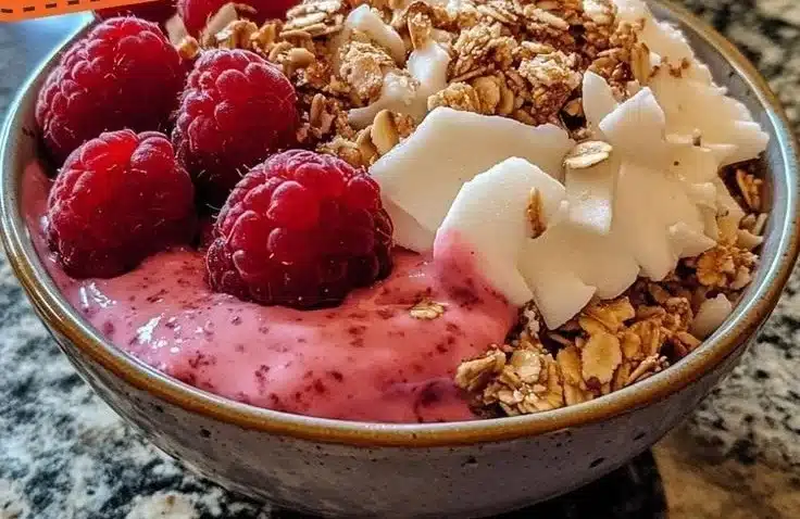 Irresistible Raspberry Coconut Crunch Bowl 3 Delicious Raspberry Coconut Crunch Bowl topped with fresh berries and coconut flakes.